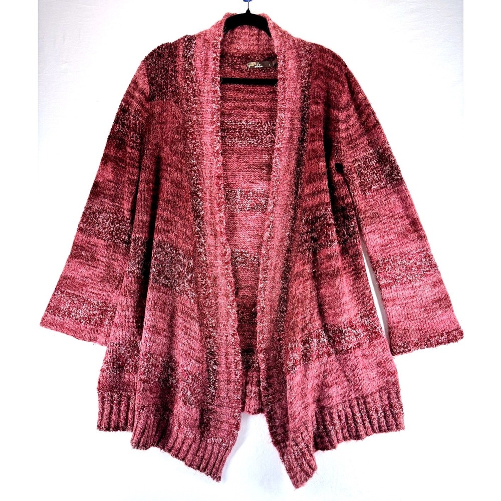 prAna Wool Blend Textured Pink Red Stripe Cozy Duster Cardigan L Boho Lagenlook